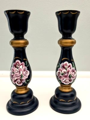 Candelabros de madera pintados a mano de 7" azules con detalles florales/dorados rosas Foto 1 de 4