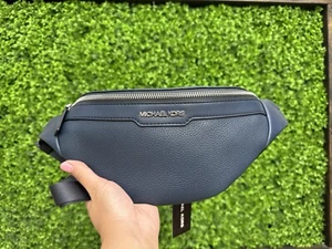Michael Kors Cooper Leather Crossbody Sling Pack Crescent Belt Bag Navy Blue - Picture 1 of 9