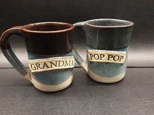 Set of 2 Art Pottery Stoneware Glazed Grandma Pop Pop Embossed Coffee Mugs Cups - Picture 1 of 7