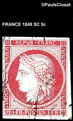 FRANCE 1849 SC 9c CERES DARK CARMINE ON YELLOWISH PAPER 1f USED FINE - Image 1 of 2