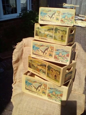 Vintage British holiday scenes wooden storage box 5 sizes. A lovely gift item! - Image 1 of 2