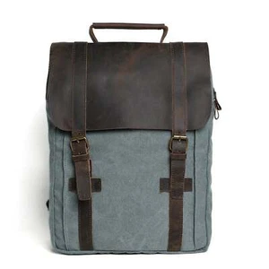 Waxed Canvas and Leather Double strap Backpack - Blue - Picture 1 of 5