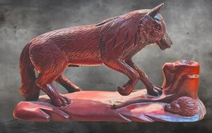 Chinese Cinnabar Boxwood Wolf Statue 13" Carving Figurine Home Decor - Picture 1 of 7