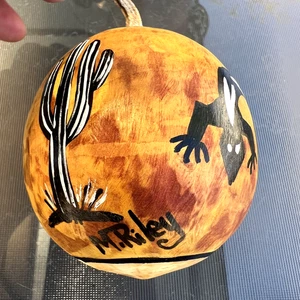 SW Painted Gourd Art M. Riley Desert Lizard Goat Cactus Signed Folk Art Decor - Picture 1 of 8