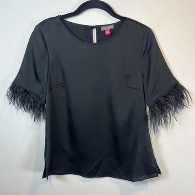 Vince Camuto Womens Faux Feather Trim Short Sleeve Blouse Shirt Black NEW Sz XXS - Image 1 of 4