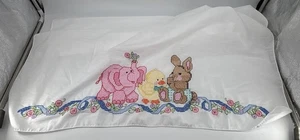 Vintage baby crib sheet Coverlet Embroider Cross Stitch Bunny Chick Elephant - Picture 1 of 4