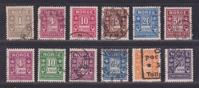 Норвегия Скотт J1-J12 б/у 1889-1923 почтовые надлежащие выпуски 12 марок SCV $65,65 - Изображение 1 из 2