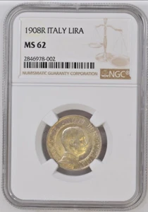 1908-R ITALY Lira Silver Coin Vittorio Emanuele III NGC MS-62 - Picture 1 of 4
