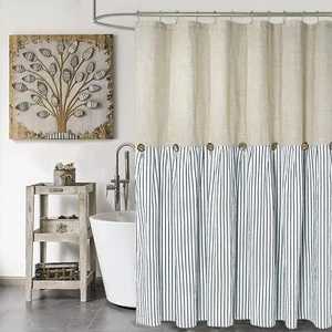 Farmhouse Shower CurtainBeige and Blue StripeButton CurtainLinen and Cotton W... - Picture 1 of 7