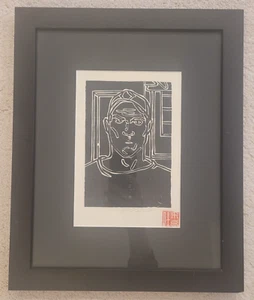 MYSTERY WOOD BLOCK PRINT: Signiertes Man Self-Portrait In Black n White Gerahmt - Bild 1 von 18