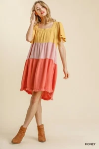 Umgee Color Block Linen Blend Tiered Mini Dress in Pink/Honey Size S - Picture 1 of 2