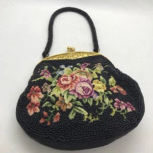 FAB 30's French Petit Point Floral Embroidery Black Caviar Beads Kiss Lock Purse - Picture 1 of 12