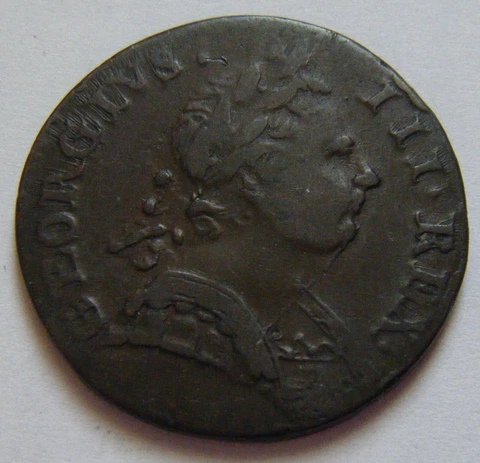 George III, colonial, non-regal or evasion halfpenny 1773 'Muted George' family Cover