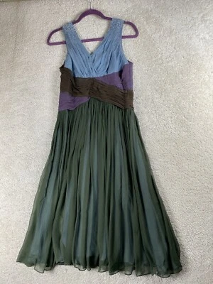 Vestido BCBGMAXAZRIA Talla 6 Azul Seda Verde Satén Gasa Oscuro Hada Hada Foto 1 de 4