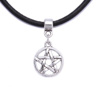 Collana PENTACOLO Argento corda nera tipo caucciu con Ciondolo Stella Uomo Donna - Immagine 1 di 4