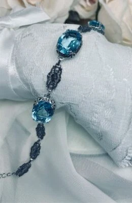 Simulated Aquamarine Bracelet, Silver Edwardian Filigree (Custom-Made)*B70 - Image 1 of 4
