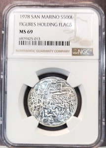 1978 SAN MARINO SILVER 500 LIRE FIGURES HOLDING FLAGS NGC MS 69 RARE TOP POP - Picture 1 of 3