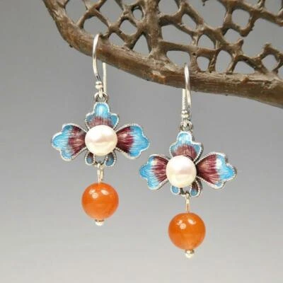 Sterling Silver Blue Purple Enamel Flower White Pearl Red Agate Bead Earrings - Image 1 of 4