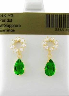 LAB CREATED 2.20 Cts PERIDOT & WHITE SAPPHIRE DANGLING EARRINGS 14K GOLD - NWT - Image 1 of 4