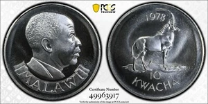 1978 MALAWI Silver 10 KWACHA ANTELOPE  - PCGS MS68 - Picture 1 of 3