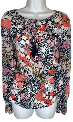 Maeve Anthro Boho Top M Black White Blue Pink Orange Floral Tassel Bead End Tie - Image 1 of 4