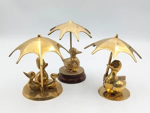 3x Vintage Brass Ducks Under Umbrellas Figurines - Picture 1 of 8