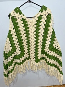 Vtg GROOVY 70s Crochet Granny Square Poncho - Green Cream Fringe | Handmade Boho - Picture 1 of 11