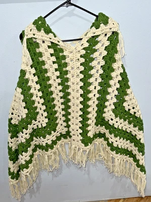 Vtg GROOVY 70s Crochet Granny Square Poncho - Green Cream Fringe | Handmade Boho - Image 1 of 4