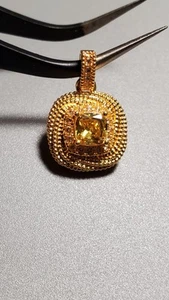 1.16 CT CREATED YELLOW DIAMOND & WHITE SAPPHIRE 18KT SOLID Y GOLD HOLLOW PENDANT - Picture 1 of 22