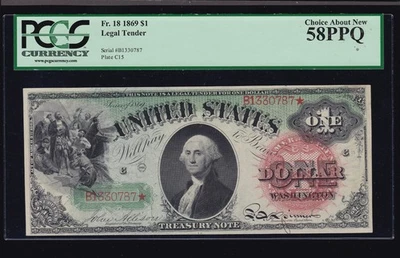 US 1869 $1 Washington Rainbow Legal Tender FR 18 PCGS 58 PPQ Ch AU (787) Foto 1 de 2