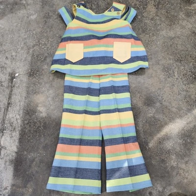 复古女孩尺寸 4,2 件套上衣和吊带裤条纹图案 70 年代未使用 — 第 1/4 张图片