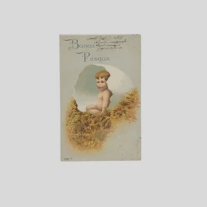 Cartolina augurale cromolitografica epoca Bambino nell’uovo Buona Pasqua VG 1904 - Picture 1 of 2
