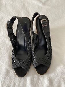 Size 7M Shoes Black Wedge Heel Open Toe Back Adjustable Strap George