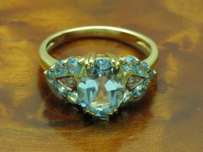 9kt 375 Anillo Oro Amarillo con Diamante & 3,16ct Topacio Azul Guarnición / 3,6g - Imagen 1 de 4