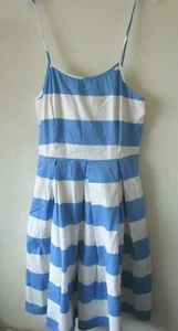 Lindy Bop Dress Sz 10 White Blue Stripe Cotton 50s Pockets - Picture 1 of 10