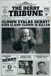 Stephen King's IT Pennywise Fake Derry Tribune Newspaper Headline Tin Metal Sign - Picture 1 of 1