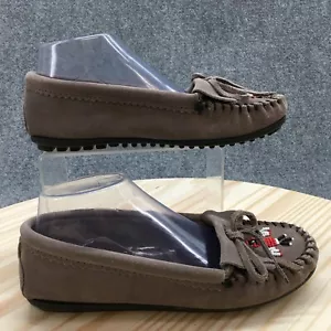 Minnetonka Slippers Womens 7.5 Moccasins Beige Suede Comfort Bow Thunderbird - Picture 1 of 17