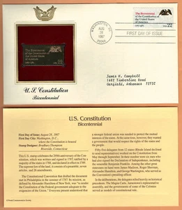 1987 Very Fine FDC 22kt. Golden Replica of US Stamp U.S. Constitution Sc. # 2355 - Picture 1 of 1