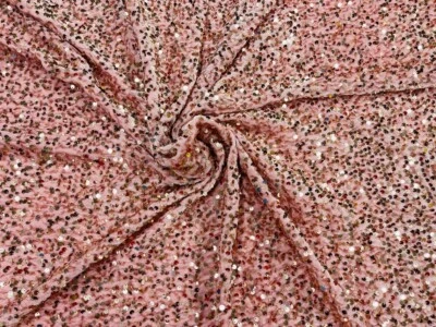 Rose Gold on Pink 5mm Sequins Velvet Fabric 2 Way Stretch Velvet Sequins By Yard - Image 1 of 3