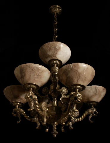 Chandelier two-tier bronze & alabaster lion head sculptures circa 1930 Restored Cover
