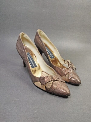 Vintage Women's Stuart Weitzman Copper Glitter Bow 3.25" Heels size 7 Art Deco - Image 1 of 4