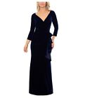 Xscape Women's Dress Sz 12 V-Neck Ruffle-Front Long-Sleeve Gown Blue