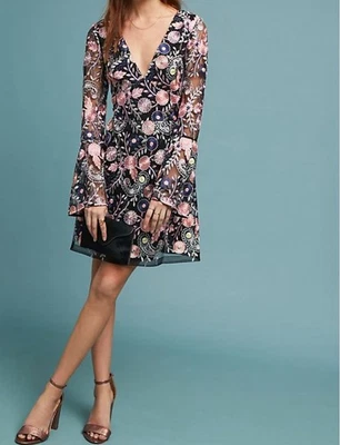 ML Monique Lhuillier x Anthropologie Mini Dress in Black Floral size 6 - Image 1 of 4