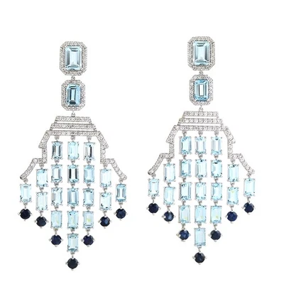 Pendientes de araña de diamantes de zafiro azul aguamarina de oro blanco de 18k para mujer Foto 1 de 4