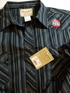 Wrangler Western Fashion Snap Mens Long Sleeve Stripe Shirt,  Black Size M. New - Picture 1 of 2