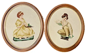 Vintage 2 Framed Handmade Finished Needlepoint Petit Point Girl Boy - Picture 1 of 12