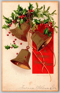 Postcard A Merry Christmas Clapsaddle A/S Holly Bells Embossed 1907 - Picture 1 of 2