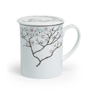 White Cherry Tea Cup with Strainer And Lid Porcelain - Picture 1 of 1