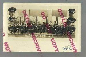 Kansas City MISSOURI RPPC c1920s CIVIC BAND Posing UNIFORMS Kendrick DIRECTOR - Picture 1 of 2