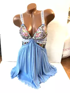 VS For Love and Lemons Louise Blue Floral Embroidery Babydoll Slip Dress M NWT - Picture 1 of 4